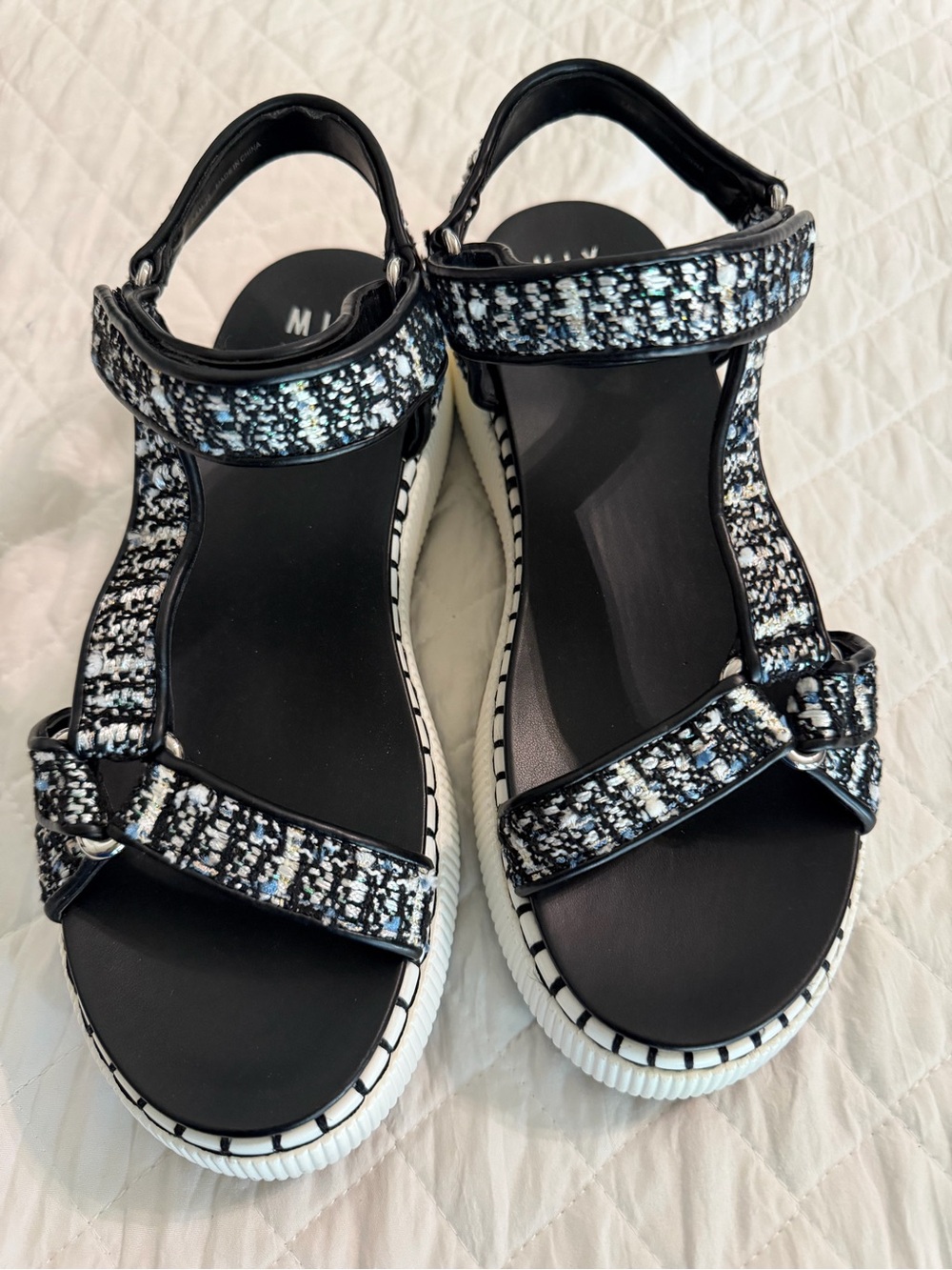 Mix No. 6 Black Tweed-Patterned Platform Sandals size 7.5
